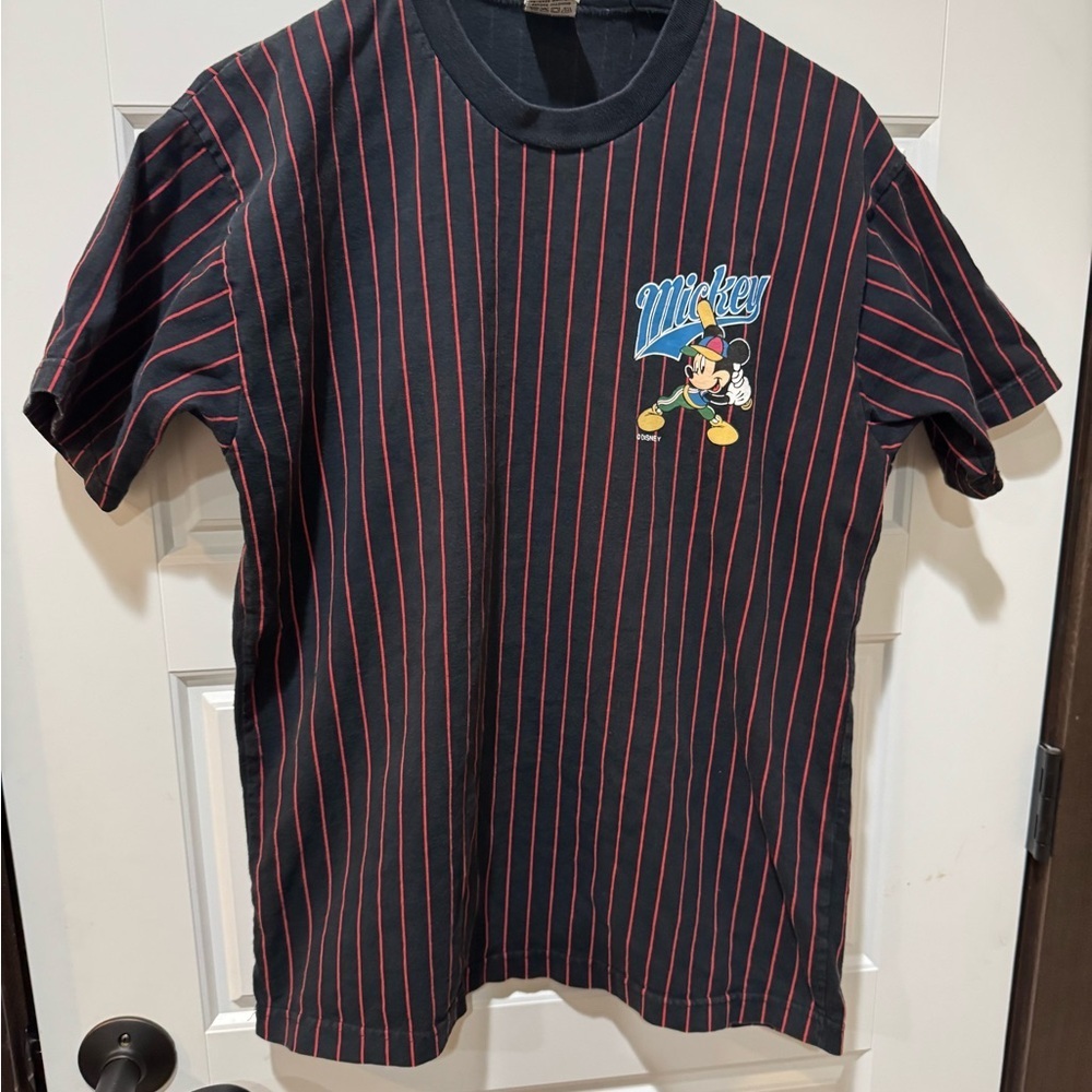 Vintage Mickey Mouse Black and Red Striped T-Shirt